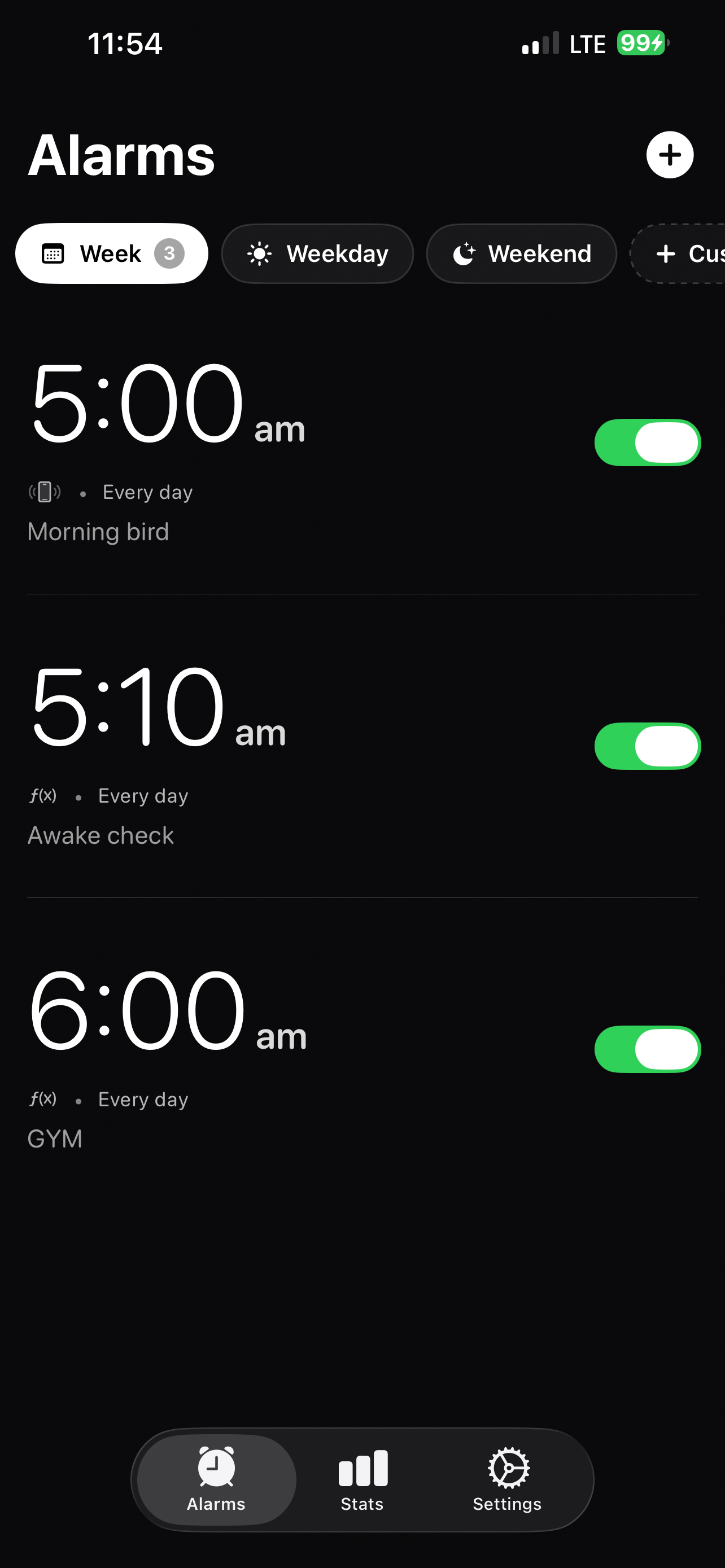 Awaken alarm list showing active morning alarms